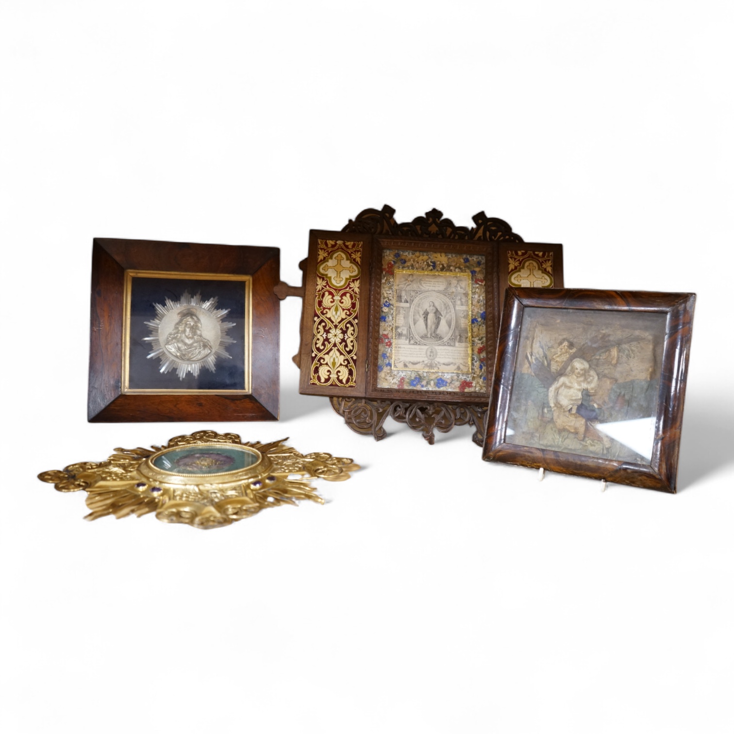 A group of Christian icons including a 19th century Portuguese Gothic revival carved walnut case containing an image of the immaculate heart of Mary, (5), Provenance - John Henry Bickersteth (1825-1906), former Bishop of